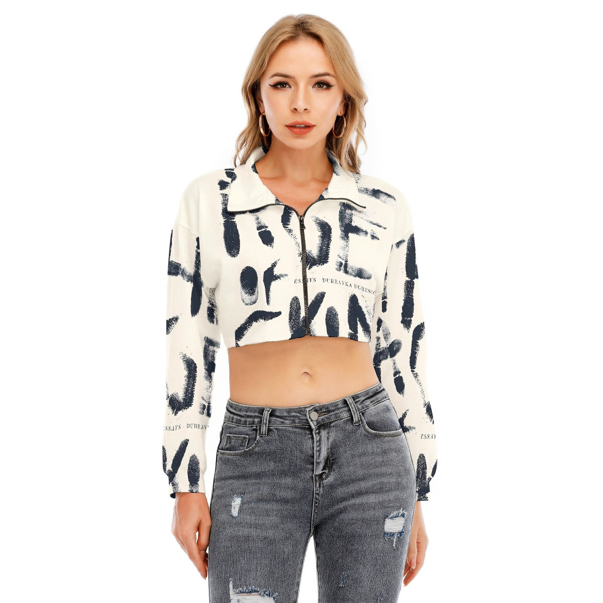 US CHIC All-Over Print Women's Lapel Collar Cropped Sweatshirt With Long Sleeve