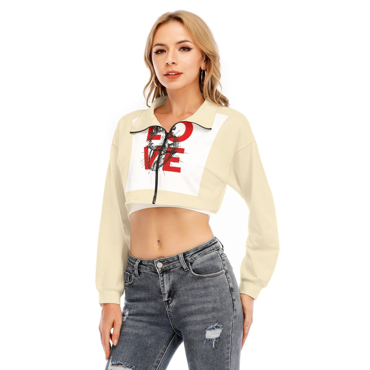 Valentine Women's Lapel Collar Cropped Sweatshirt With Long Sleeve