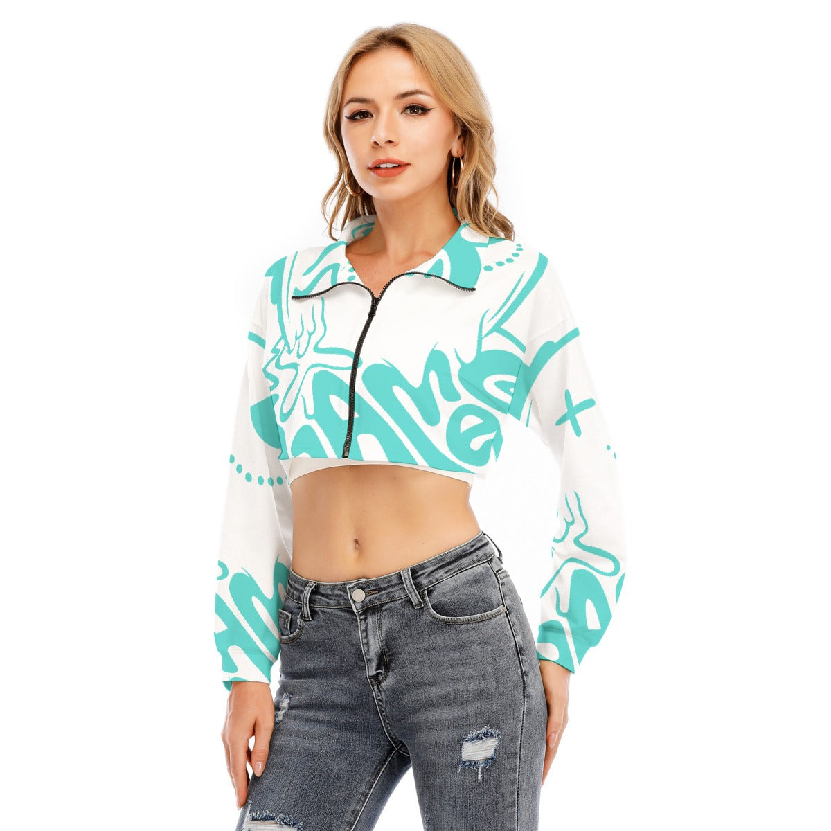 US CHIC Women's Lapel Collar Cropped Sweatshirt With Long Sleeve