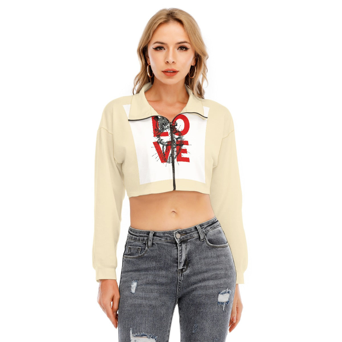 Valentine Women's Lapel Collar Cropped Sweatshirt With Long Sleeve