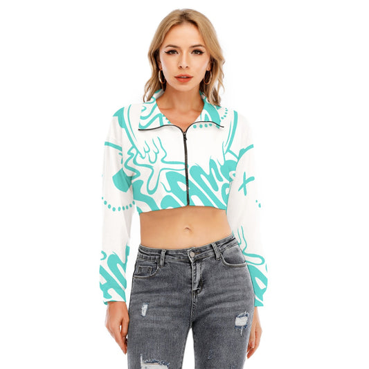 US CHIC Women's Lapel Collar Cropped Sweatshirt With Long Sleeve