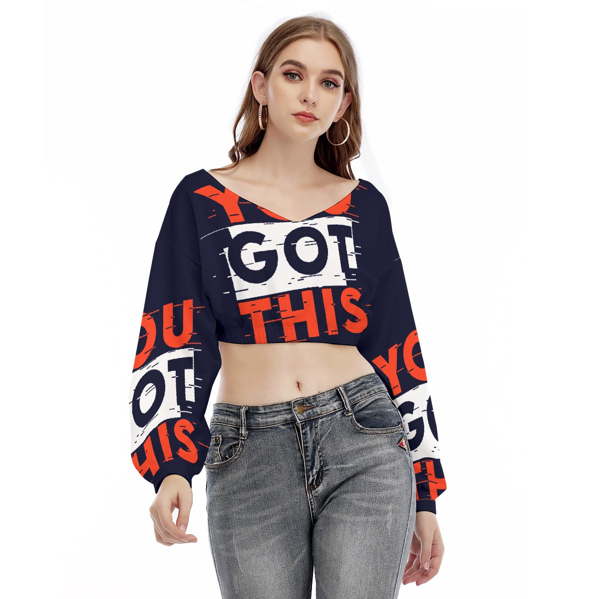 US CHIC Women's V-neck Long Sleeve Cropped Sweatshirt