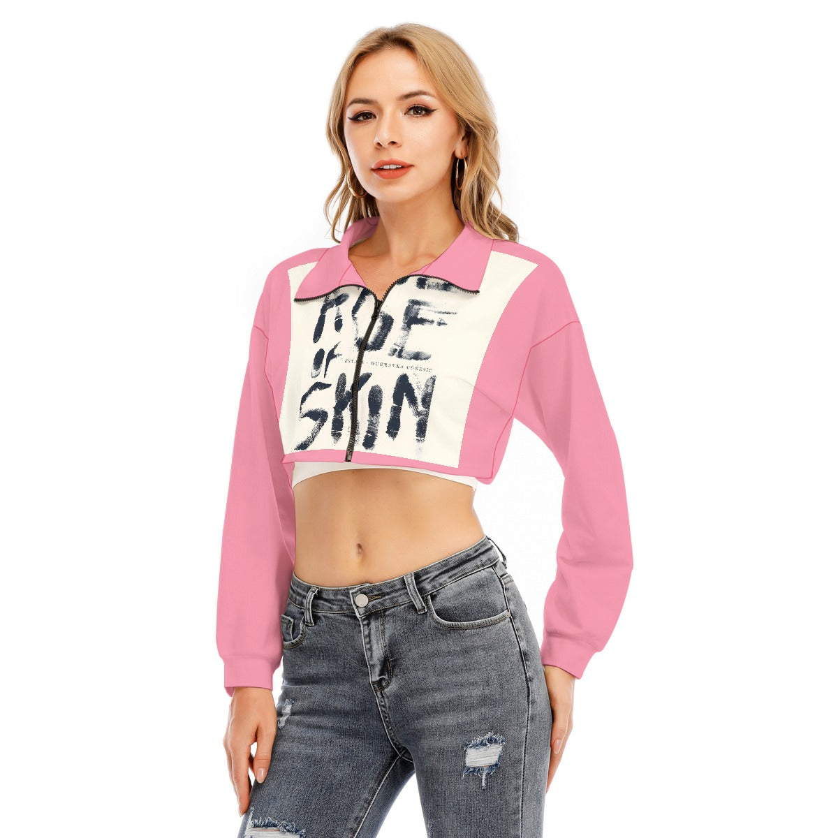 US CHIC Women's Lapel Collar Cropped Sweatshirt With Long Sleeve