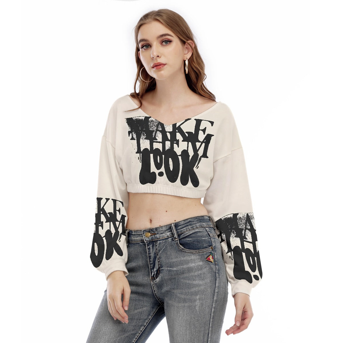 US CHIC Women's V-neck Long Sleeve Cropped Sweatshirt