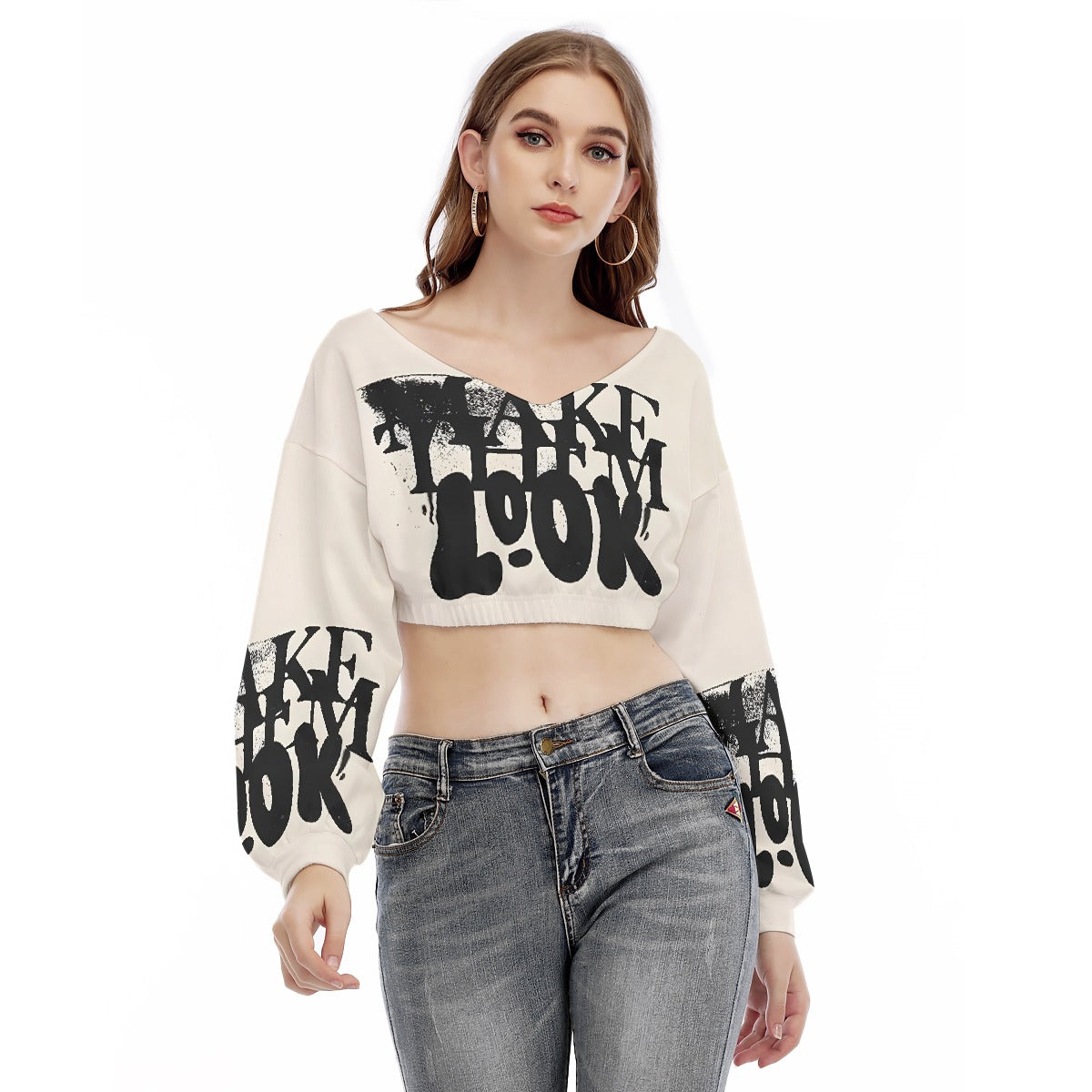 US CHIC Women's V-neck Long Sleeve Cropped Sweatshirt