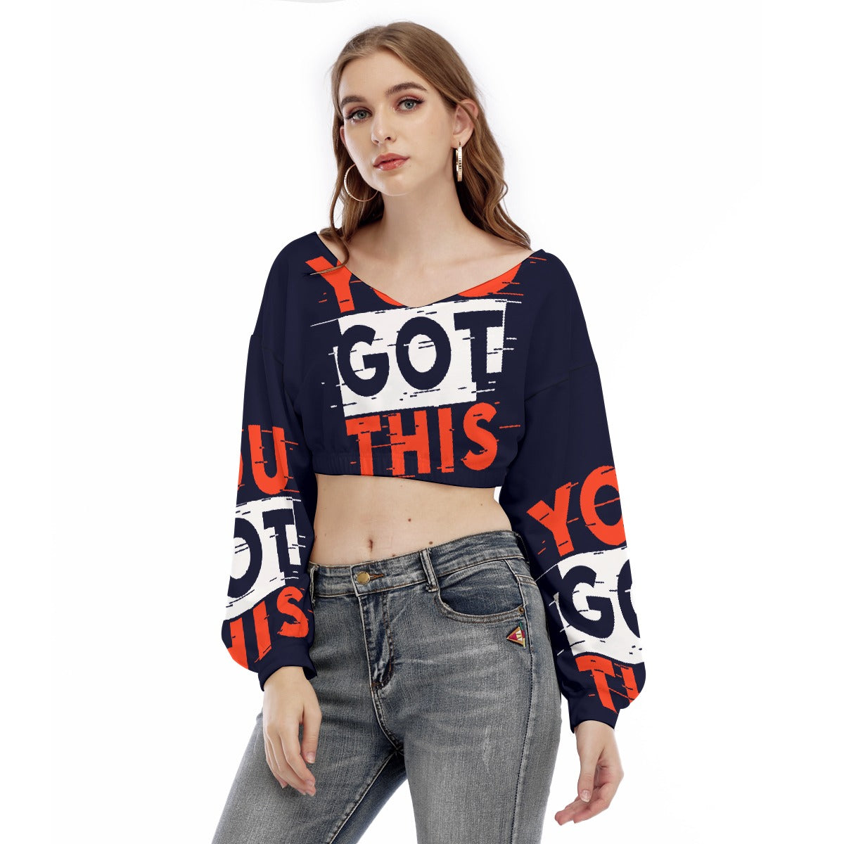 US CHIC Women's V-neck Long Sleeve Cropped Sweatshirt