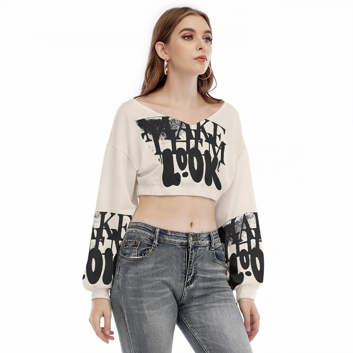 US CHIC Women's V-neck Long Sleeve Cropped Sweatshirt