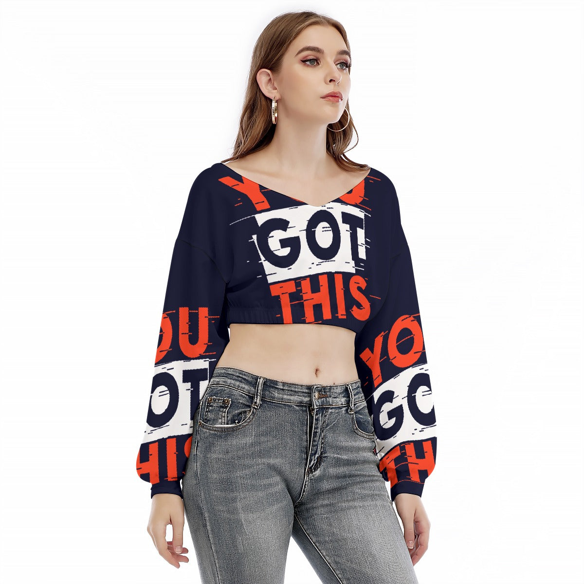 US CHIC Women's V-neck Long Sleeve Cropped Sweatshirt