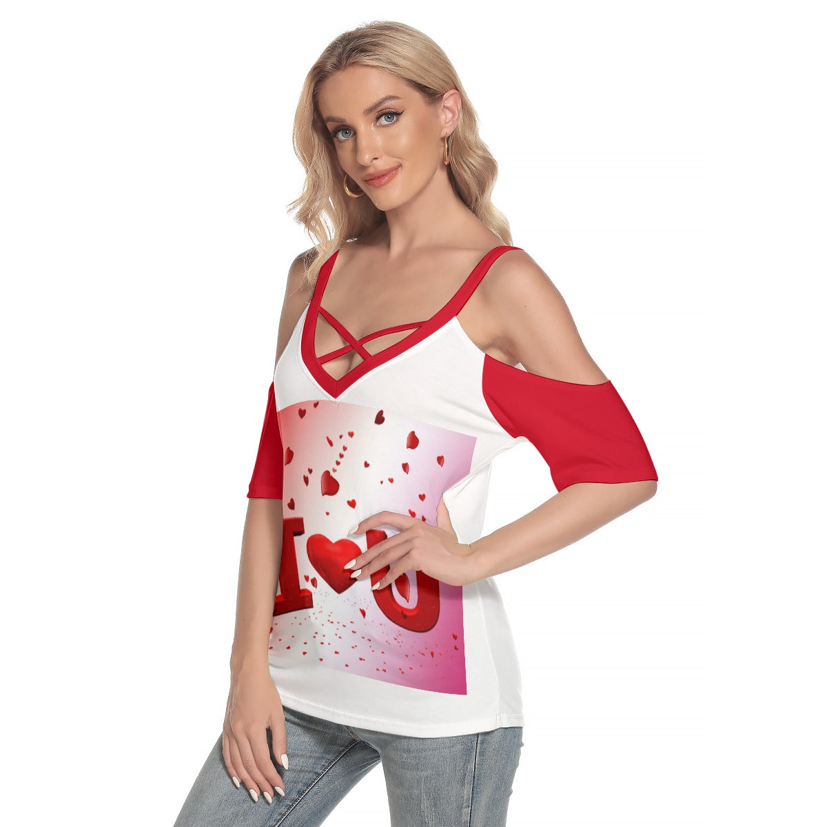 Valentine Cold Shoulder T-shirt With Criss Cross Strips