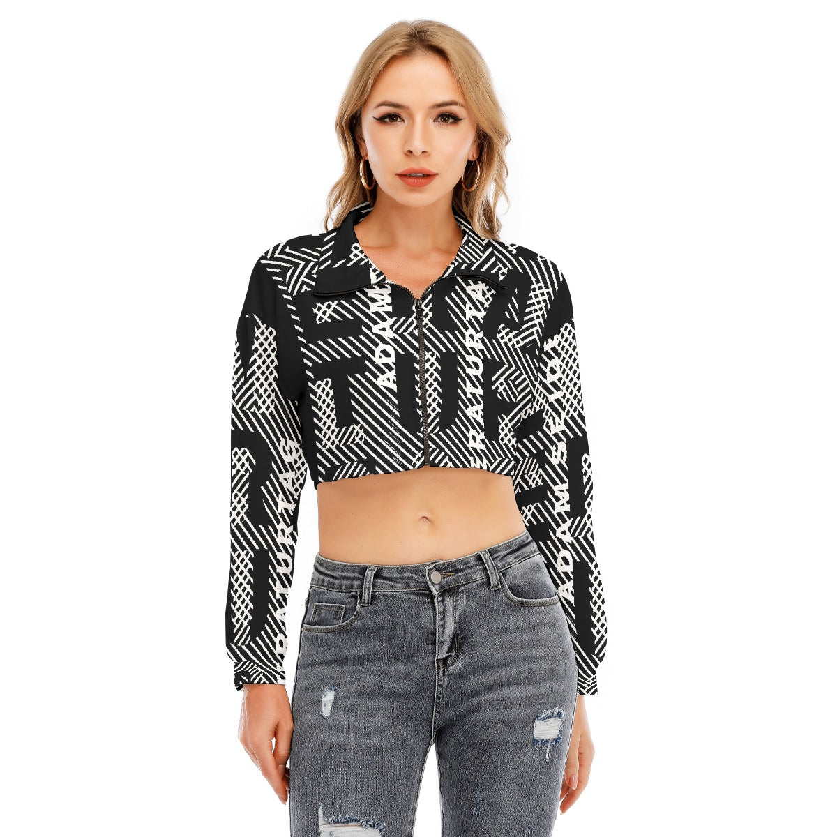 US CHIC Women's Lapel Collar Cropped Sweatshirt With Long Sleeve