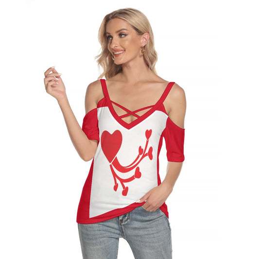 Valentine All-Over Print Women's Cold Shoulder T-shirt With Criss Cross Strips