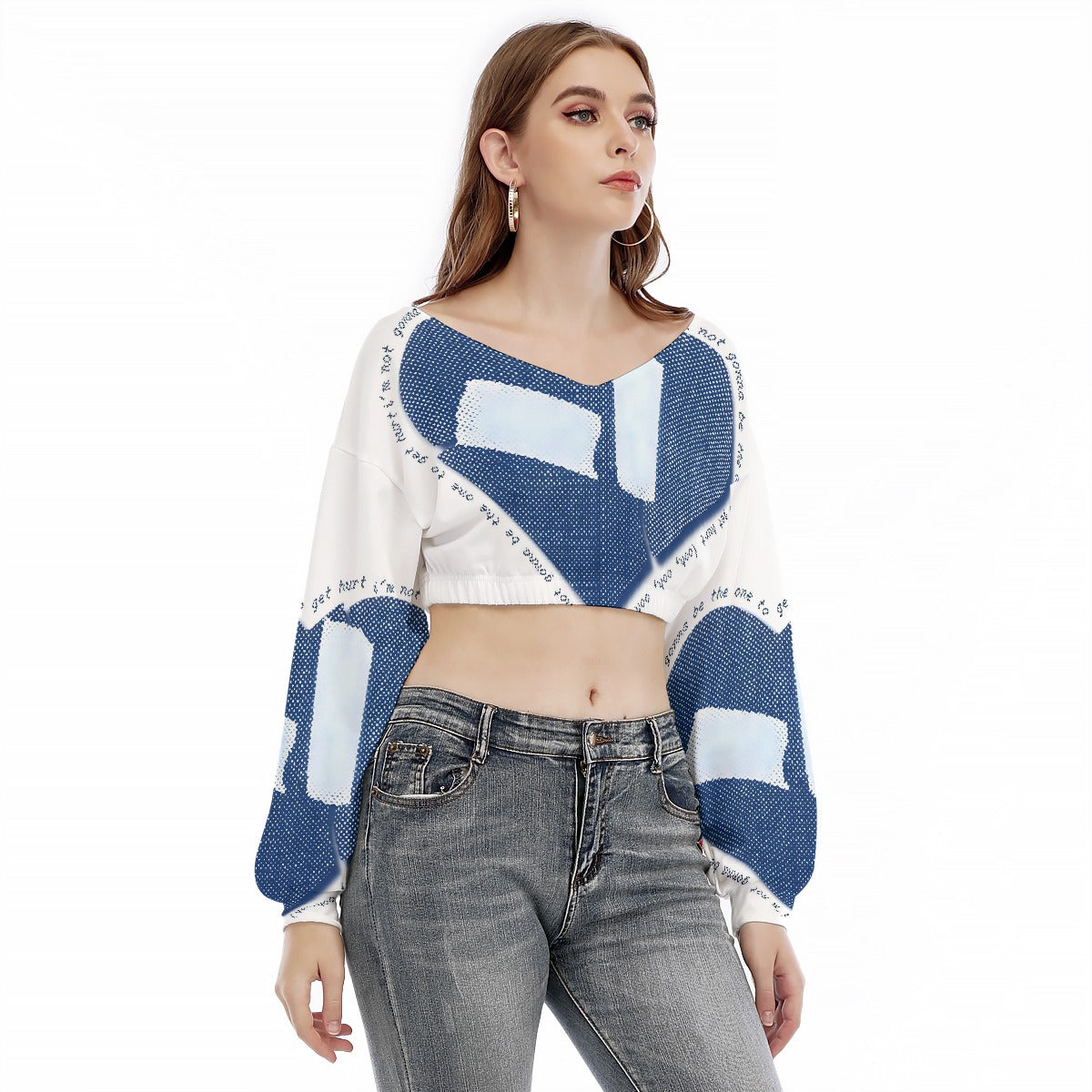 US CHIC Women's V-neck Long Sleeve Cropped Sweatshirt