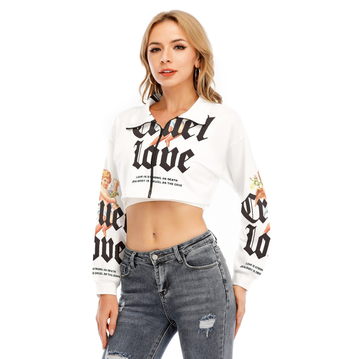 Valentine Women's Lapel Collar Cropped Sweatshirt With Long Sleeve