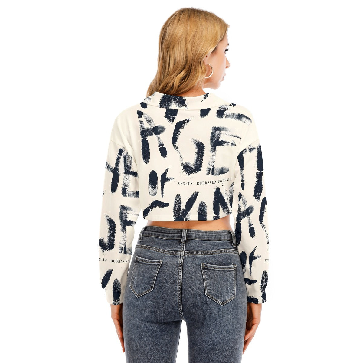 US CHIC All-Over Print Women's Lapel Collar Cropped Sweatshirt With Long Sleeve