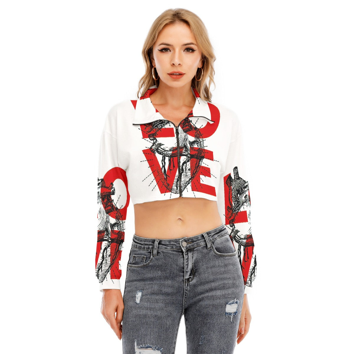 Valentine Women's Lapel Collar Cropped Sweatshirt With Long Sleeve