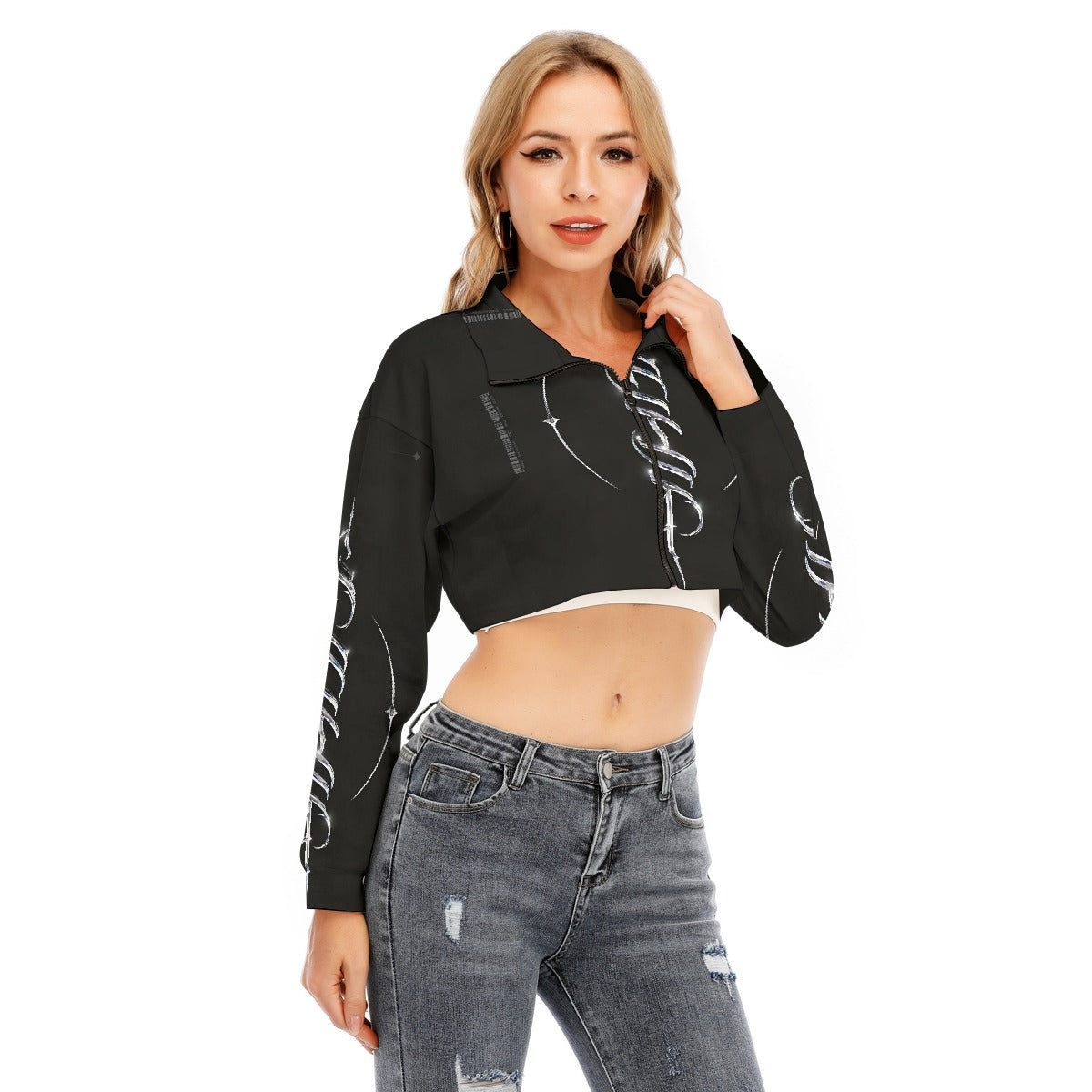 US CHIC Women's Lapel Collar Cropped Sweatshirt With Long Sleeve