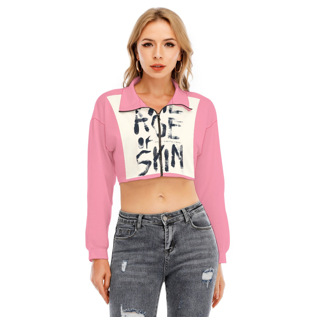 US CHIC Women's Lapel Collar Cropped Sweatshirt With Long Sleeve