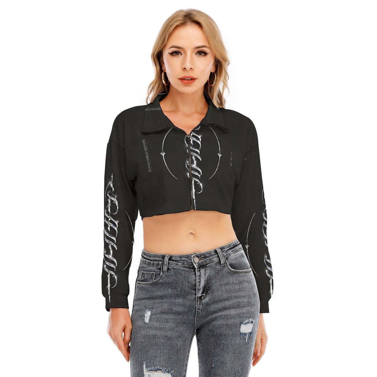 US CHIC Women's Lapel Collar Cropped Sweatshirt With Long Sleeve