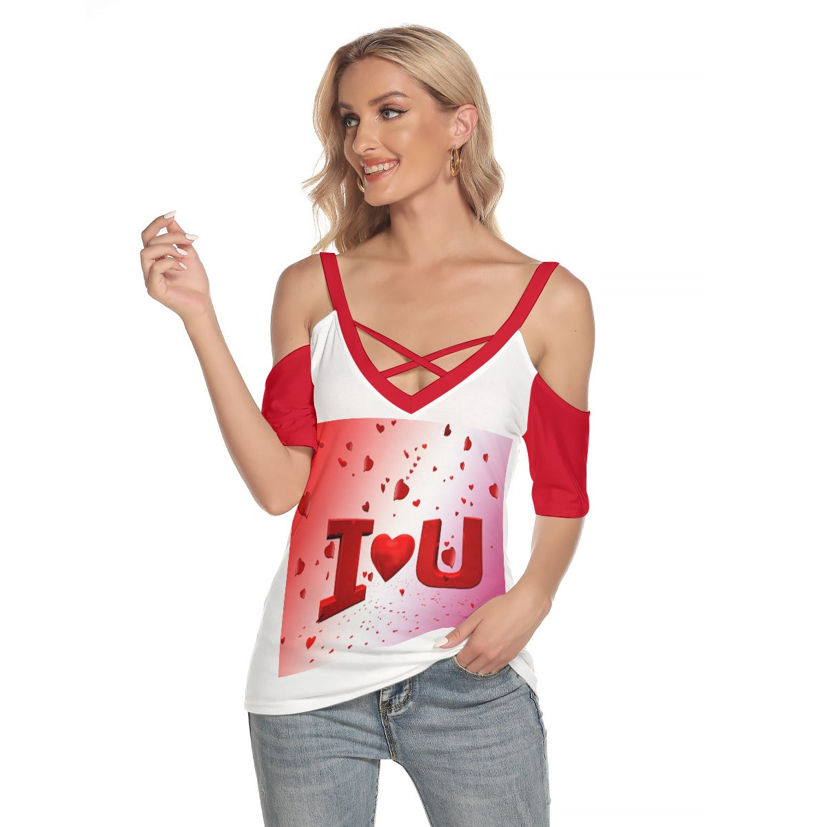 Valentine Cold Shoulder T-shirt With Criss Cross Strips