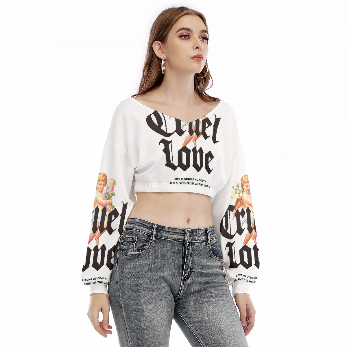 Valentine Women's V-neck Long Sleeve Cropped Sweatshirt