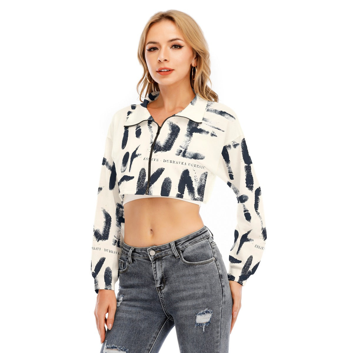 US CHIC All-Over Print Women's Lapel Collar Cropped Sweatshirt With Long Sleeve