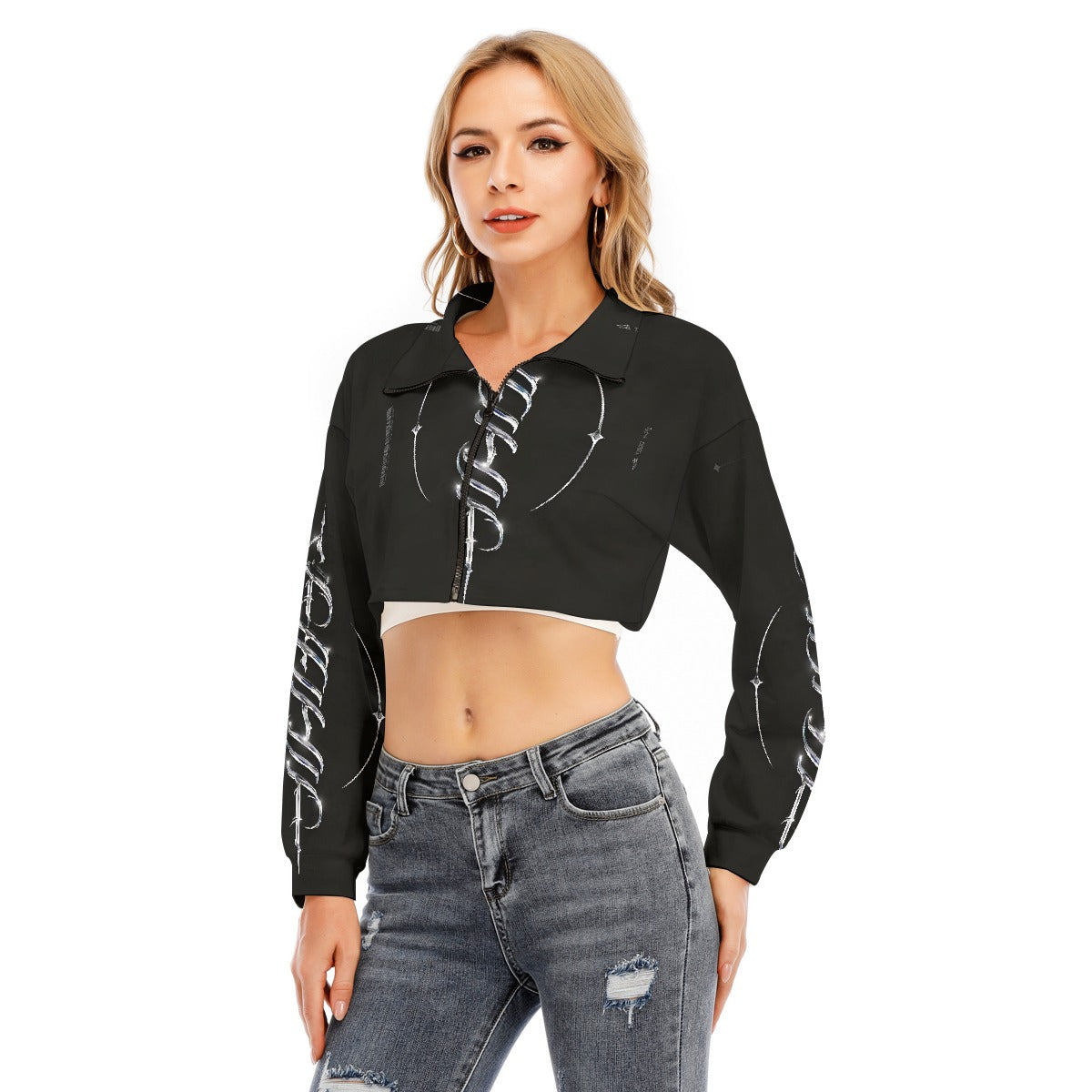 US CHIC Women's Lapel Collar Cropped Sweatshirt With Long Sleeve