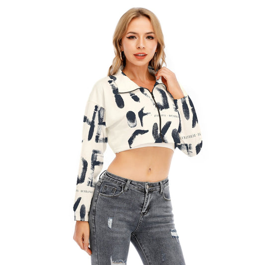 US CHIC All-Over Print Women's Lapel Collar Cropped Sweatshirt With Long Sleeve